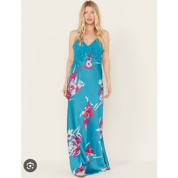 FREE PEOPLE Forever Yours Lace Satin Floral Maxi Dress Size XS - Picture 2 of 10